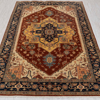 Traditional hand-knotted rug in rust, gold, ivory, and navy with bold Heriz medallion design, 6x9 size.