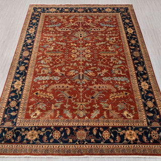 Traditional hand-knotted rug in rust, navy, and gold with allover tribal pattern, large 10x14 size.