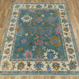 Traditional hand-knotted rug in teal, ivory, pink with Oushak floral design, 9x12 area rug.