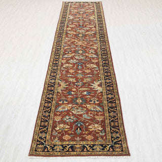 Traditional hand-knotted runner rug in rust, blue, and gold with Persian floral design, 2.6x14 size