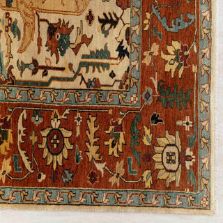 Traditional oriental hand-knotted wool rug, ivory background, rust floral border, room-size 9x12