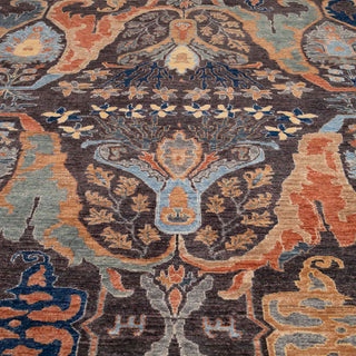 Transitional hand-knotted rug with Persian damask-inspired motifs in slate, copper, and teal tones.