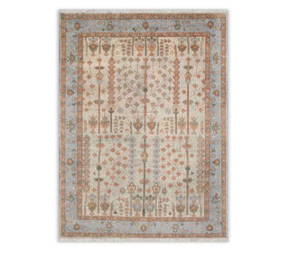 8x10 Cream Blue Distressed Finish Tree of Life inspired Soft Feel Oushak Style Hand Knotted Wool Rug