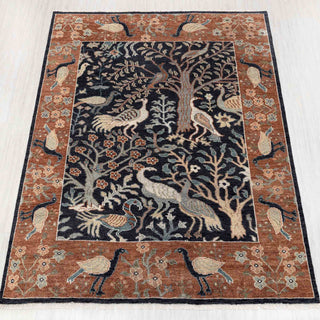 Tree of Life hand-knotted rug in navy, rust, cream with bird and floral design, 8x10.