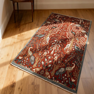 Tree of Life hand-knotted rug in terracotta, ivory, blue with bird and floral design, 8x10.