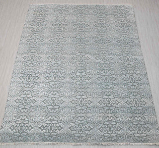 Trellis hand-knotted rug in gray ivory with floral medallion design. 9x12 ft wool area rug. 