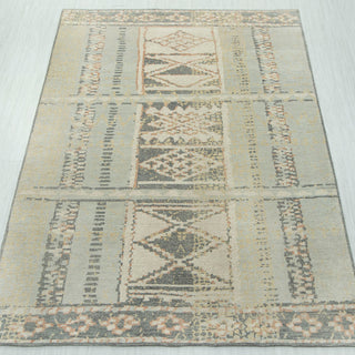 Tribal hand-knotted rug in soft grey, beige, peach with geometric kilim design, 8x10.