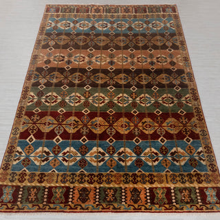 Tribal hand-knotted rug in teal, rust, gold with geometric kilim stripe design, 9x12 size.