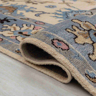 Turkish-style Indo Oushak hand-knotted rug with large floral motifs in ivory field and blue border