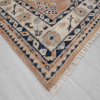 Turkish-style Indo Oushak hand-knotted rug with tribal floral motifs in warm terracotta and navy accents