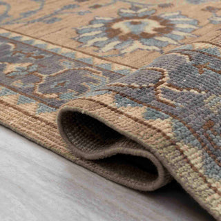 Turkish-style Oushak hand-knotted rug with blue and beige floral motifs on camel field, large 12x15 living room carpet