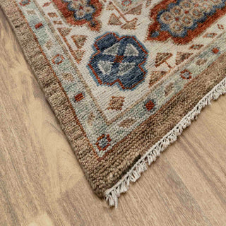 Turkish-style Oushak hand-knotted rug with central medallion, rust and blue tribal motif on beige field, large 9x12 carpet