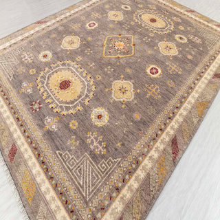 Turkish-style Oushak hand-knotted rug with earth-tone medallion and blossom motifs in taupe, ochre, rust, large 9x12.