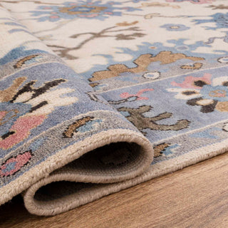 Turkish-style Oushak hand-knotted rug with ivory center, sky-blue border and multicolor floral motifs, large 8x10 living room carpet
