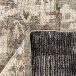 Turkish-style Oushak hand-knotted rug with neutral gray-green medallion motif on beige taupe field, large 9x12.