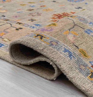 Turkish-style Oushak hand-knotted rug with taupe ground, multicolor floral motif and blue border, large 8x10 living room carpet