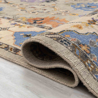 Turkish-style Oushak hand-knotted rug with tribal floral motifs in beige, cobalt blue, and warm accents.
