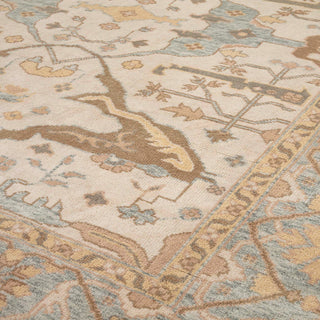 Turkish Oushak hand-knotted rug with floral and medallion motifs in ivory, gold, light blue tones, 8x10