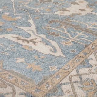 Turkish Oushak hand-knotted rug with floral and medallion motifs in light blue, ivory, beige tones, 8x10