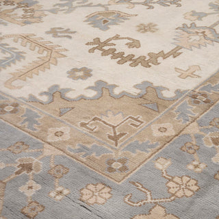 Turkish Oushak hand-knotted rug with palmette and vine motifs in cream, blue, taupe tones, 10x14