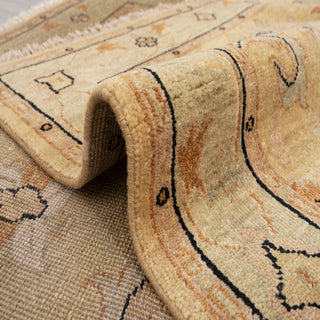 Turkish Oushak hand-knotted rug with palmette and vine motifs in gold, beige, sage tones, 5x8