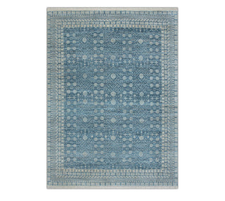 Turquoise hand-knotted rug in blue tones with geometric floral dots design, 8x10 ft.