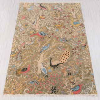 Wool hand-knotted rug in beige and tan with tree-of-life bird garden design, 6x9 size