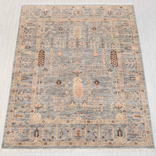 Wool hand-knotted rug in blue grey, beige, and taupe with botanical garden design, 8x10.