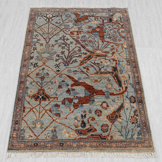 Wool hand-knotted rug in blue, rust, and taupe with broken tree-of-life floral design, 4x6.