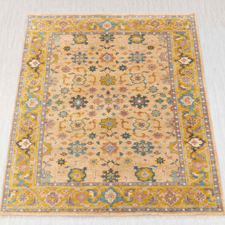 Wool hand-knotted rug in camel, gold, teal with traditional floral allover design, 8x10.