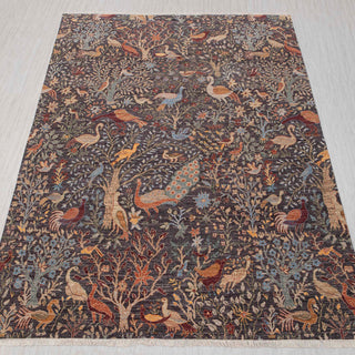 Wool hand-knotted rug in charcoal and earth tones with birds-and-garden design, 9x12 size