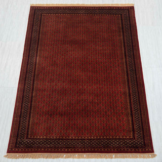 Wool hand-knotted rug in deep red and brown with small boteh floral pattern design, 6x9.