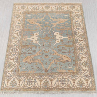 Wool hand-knotted rug in duck-egg blue, ivory, and taupe with Oushak floral design, 8x10.