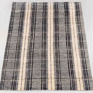 Wool hand-knotted rug in grey, black, and cream with modern stripe design, 8x10.