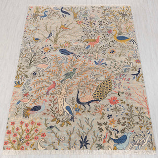 Wool hand-knotted rug in light grey with birds-and-garden Tree-of-Life design, 6x9 size