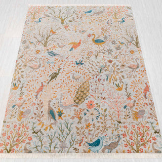 Wool hand-knotted rug in light grey with birds-and-garden Tree-of-Life design, 8x10 size