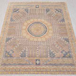 Wool hand-knotted rug in muted gold, grey, and lavender with geometric medallion design, 9x12.