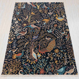 Wool hand-knotted rug in navy and multicolor with birds-and-garden Tree-of-Life design, 6x9