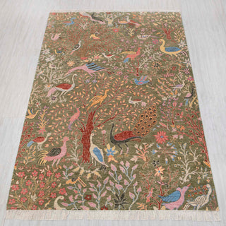Wool hand-knotted rug in olive green with tree-of-life bird garden design, 6x9 size