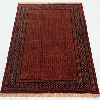 Wool hand-knotted rug in rich red and brown with small boteh floral pattern design, 6x9.