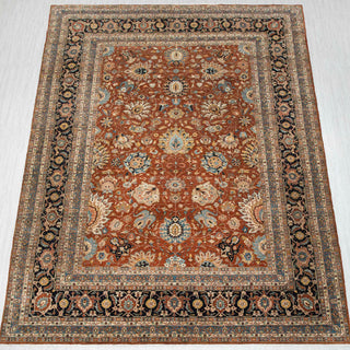 Wool hand-knotted rug in rust, navy, beige with allover Persian floral design, large 10x14