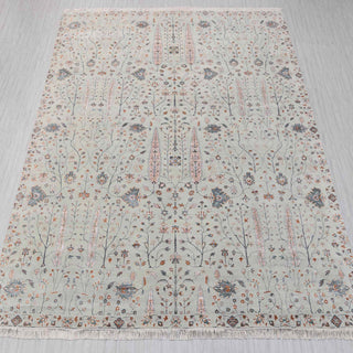 Wool hand-knotted rug in sage grey with Persian floral garden design, large 12x15 size