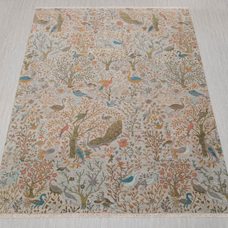 Wool hand-knotted rug in soft grey with birds-and-garden Tree-of-Life design, oversized 10x14