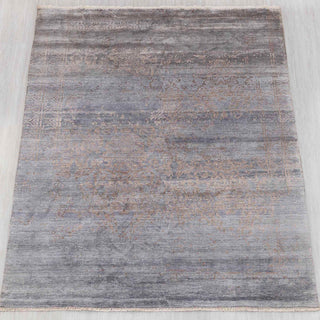 Wool hand-knotted rug in steel blue and taupe with distressed damask design, 8x10.