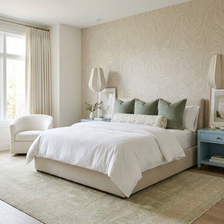 Hand-knotted rug in soft moss green and ivory with tree-of-life garden design, 9x12 ft