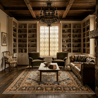 Heriz-style hand-knotted rug with geometric medallion and floral motifs in blue, rust, ivory.
