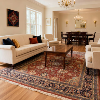 Hand-knotted wool rug in rust and navy with allover Ziegler floral design, 9x12