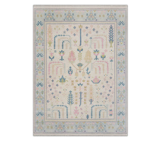 ivory pink muted tree design hand knotted oushak rug for living room 